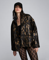 Kenneth Cole Animal Foiled Satin Lightweight Seamed Puffer Jacket