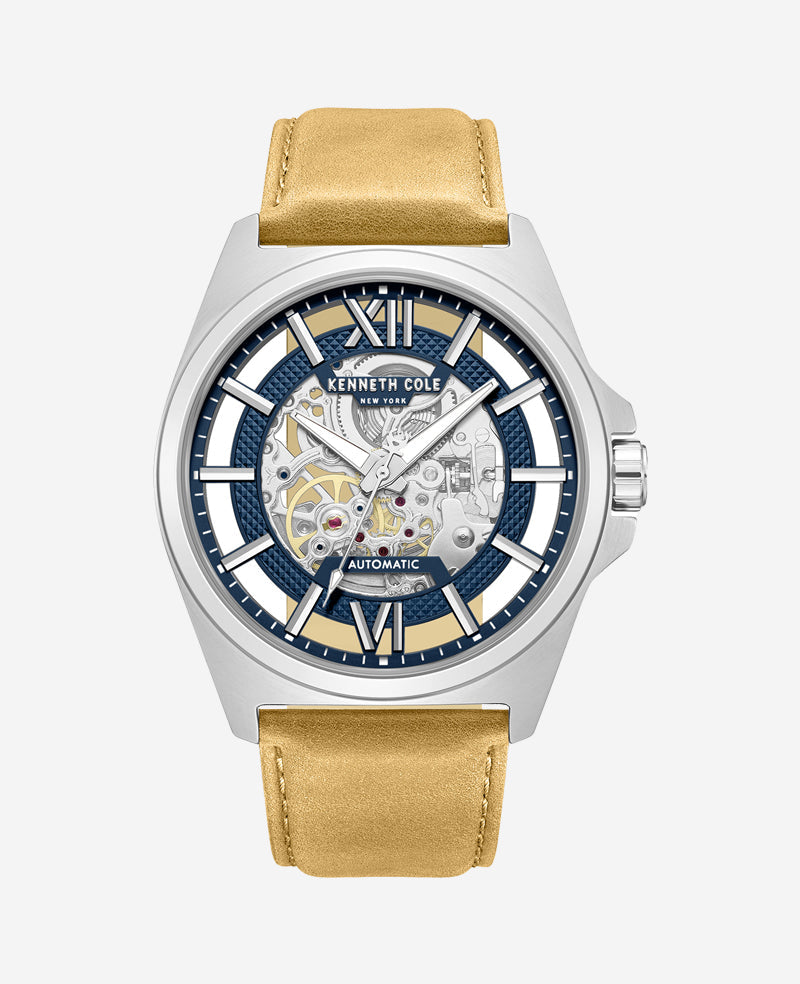 Kenneth Cole Men's Skeleton Automatic Watch with Tan Leather Strap | KC