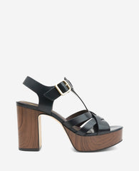 Kenneth Cole Lotus Woven Leather T-Strap Wood Platform Sandal