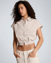 Kenneth Cole Striped Short Sleeve Cropped Button Front Shirt with Placket Shoulder