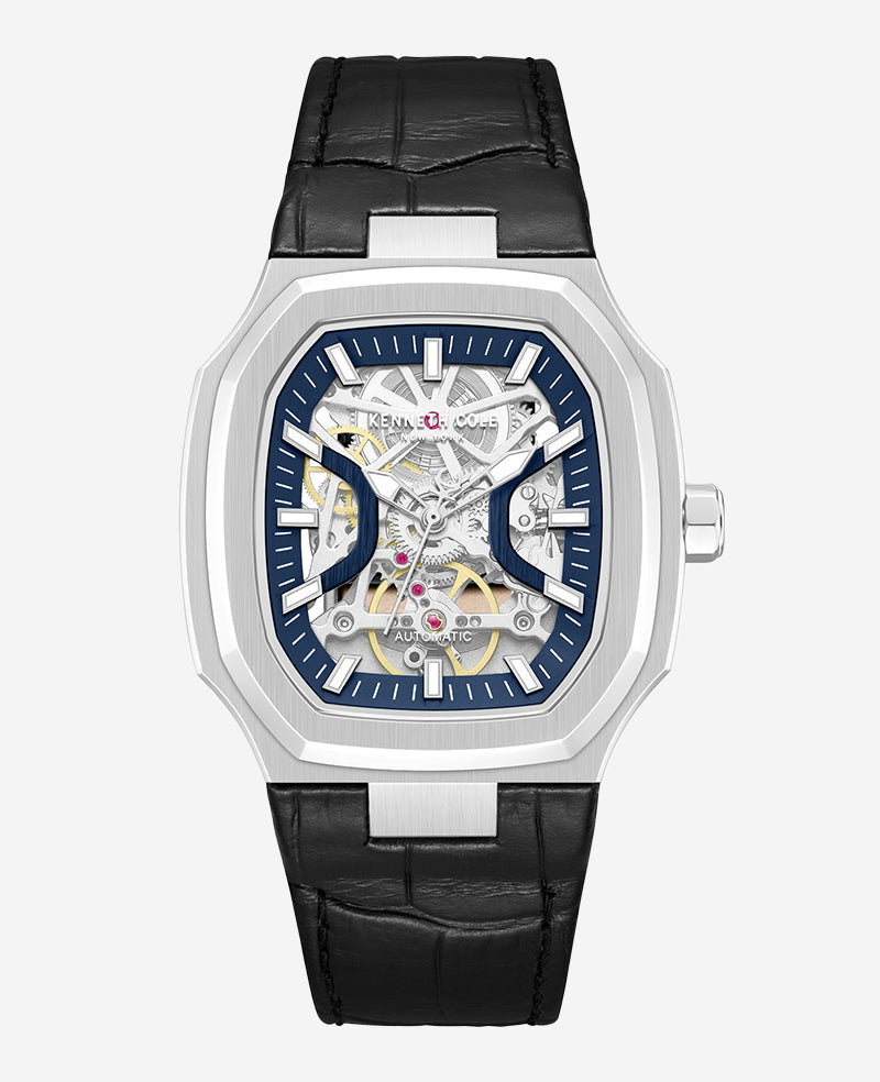 Kenneth Cole Skeleton Automatic Two-Tone Dial Leather Strap Watch