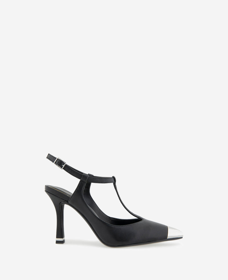 Kenneth Cole Romi T-Strap Heels – Silver Cap & Leather Style | KC