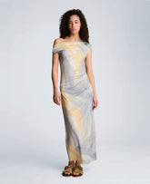 Kenneth Cole Ruched Waist Midi Off-The-Shoulder Dress
