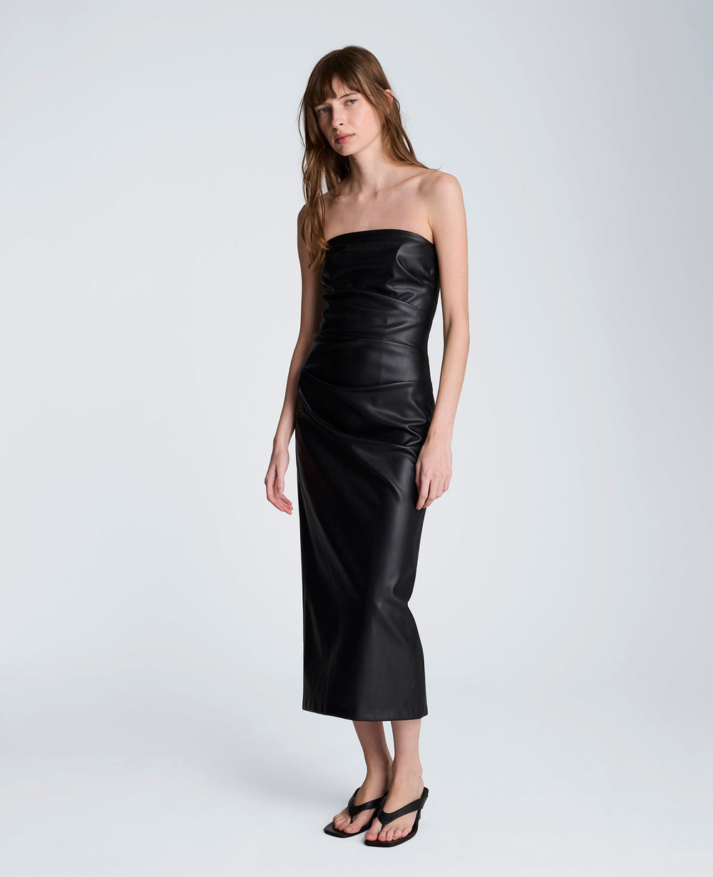 Kenneth Cole Tucked Detail Midi Strapless Vegan Leather Dress