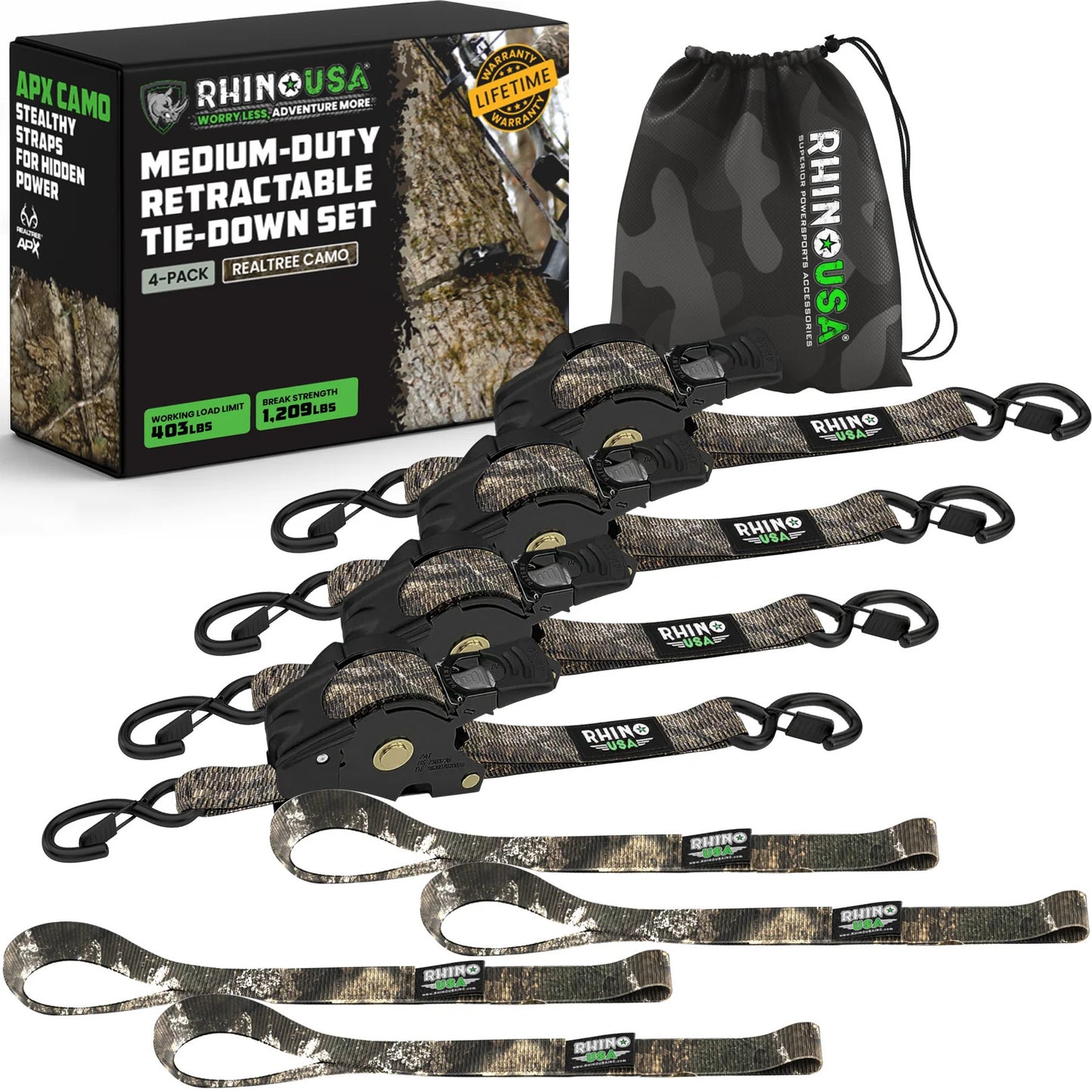 Realtree Rhino USA 1" x 10' Retractable Camo Ratchet Straps (4-Pack) - Realtree APX