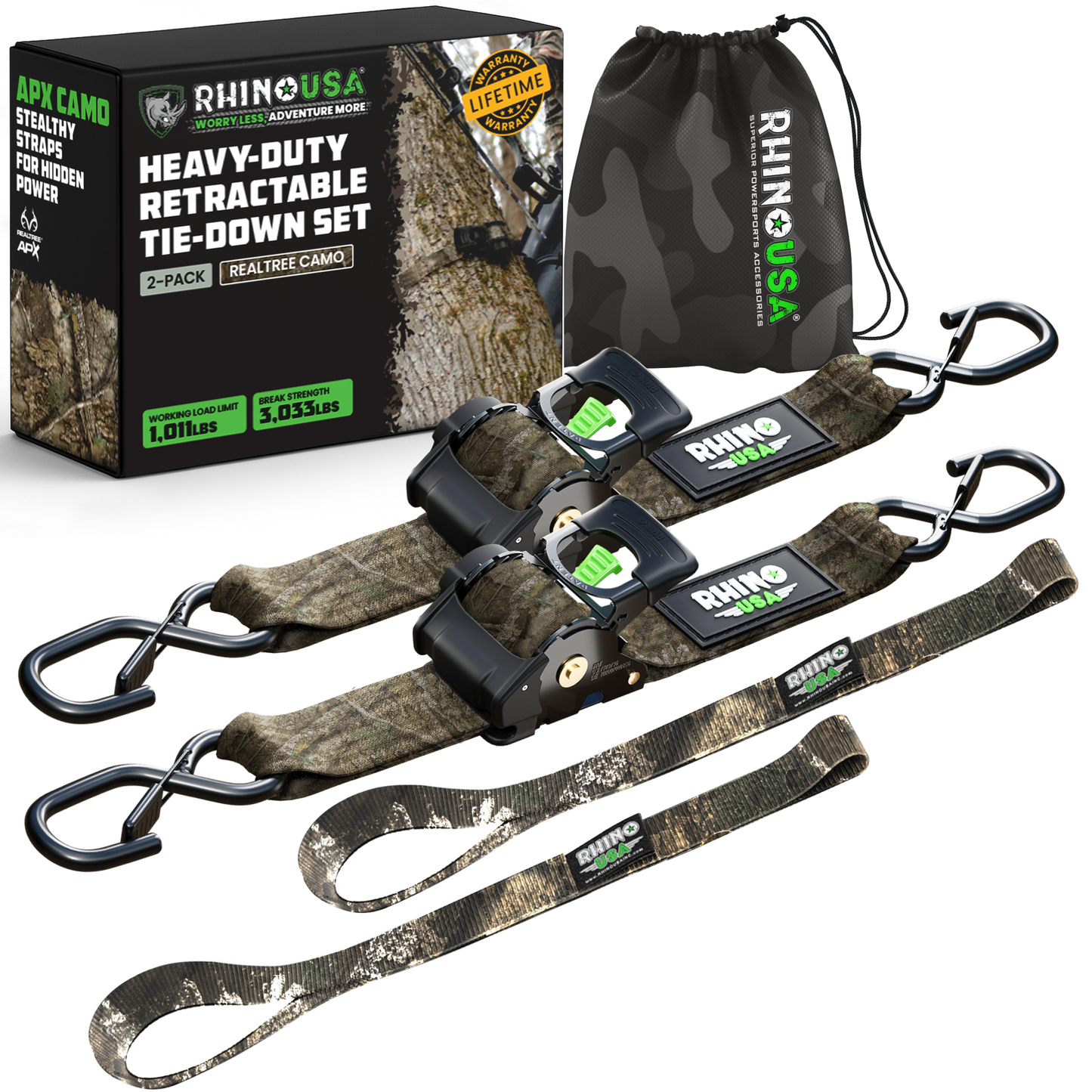 Realtree Rhino USA 2" x 10' Retractable Camo Ratchet Straps (2-Pack) - Realtree APX
