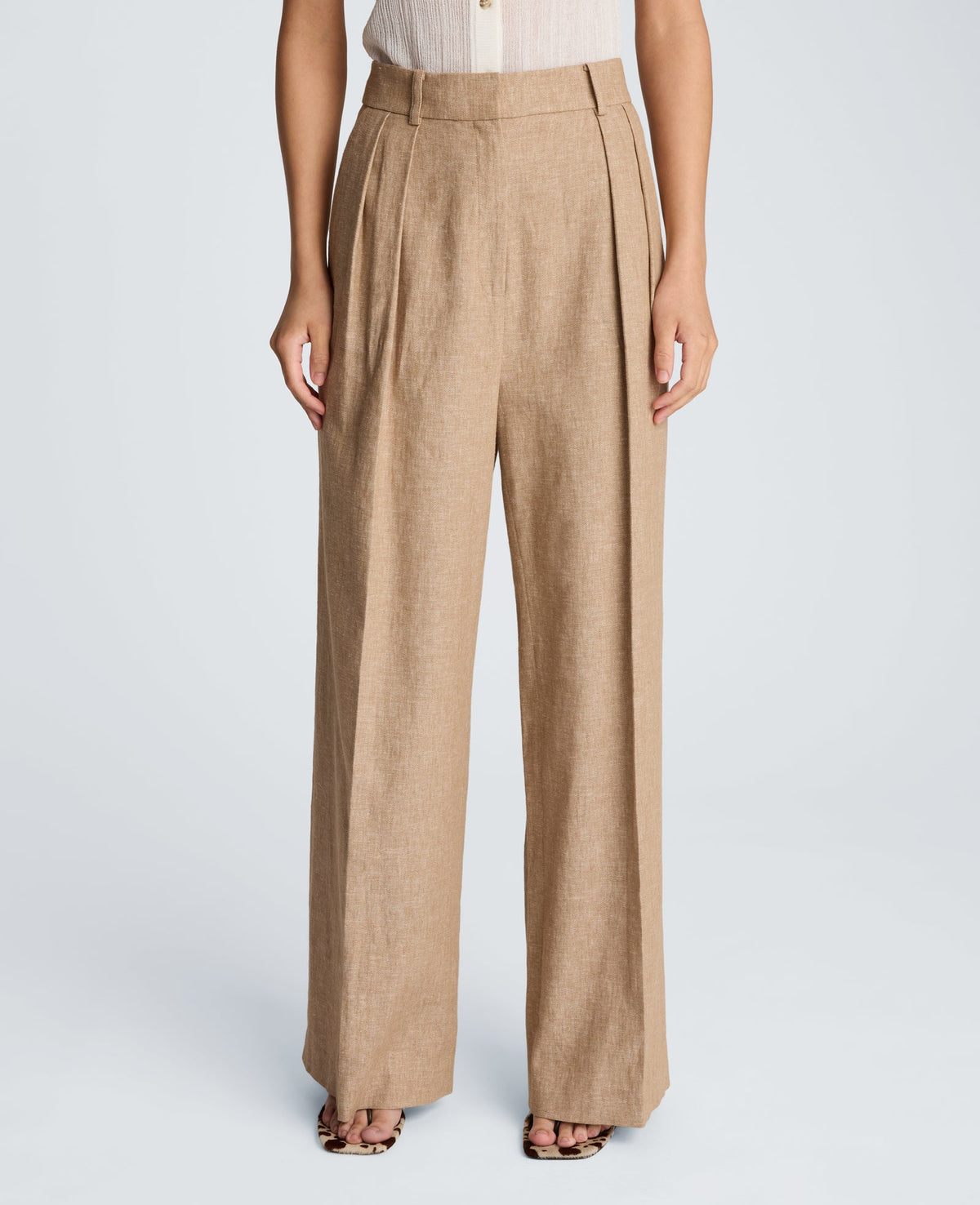 Kenneth Cole High Rise Fly Front Double Pleat Wide Leg Linen Blend Pant