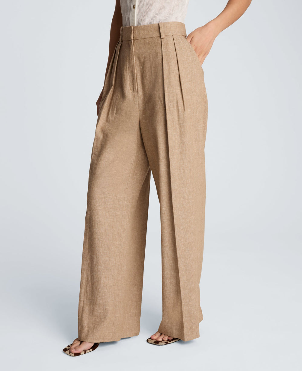Kenneth Cole High Rise Fly Front Double Pleat Wide Leg Linen Blend Pant