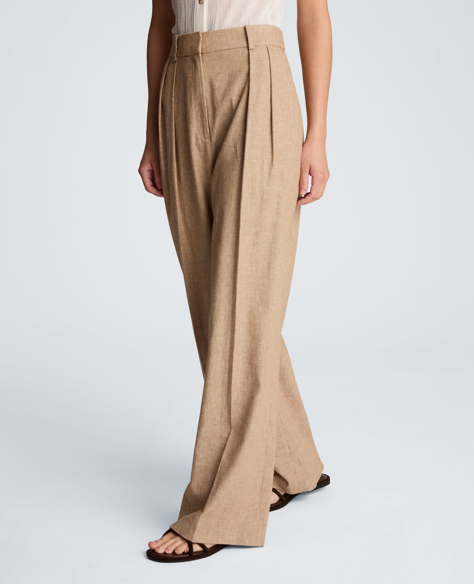 Kenneth Cole High Rise Fly Front Double Pleat Wide Leg Linen Blend Pant