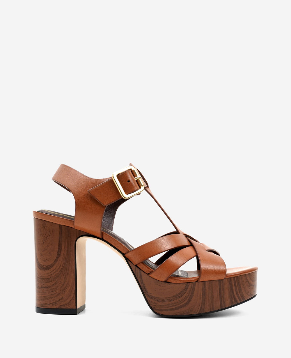 Kenneth Cole Lotus Woven Leather T-Strap Wood Platform Sandal