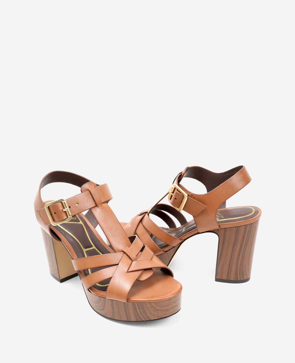 Kenneth Cole Lotus Woven Leather T-Strap Wood Platform Sandal