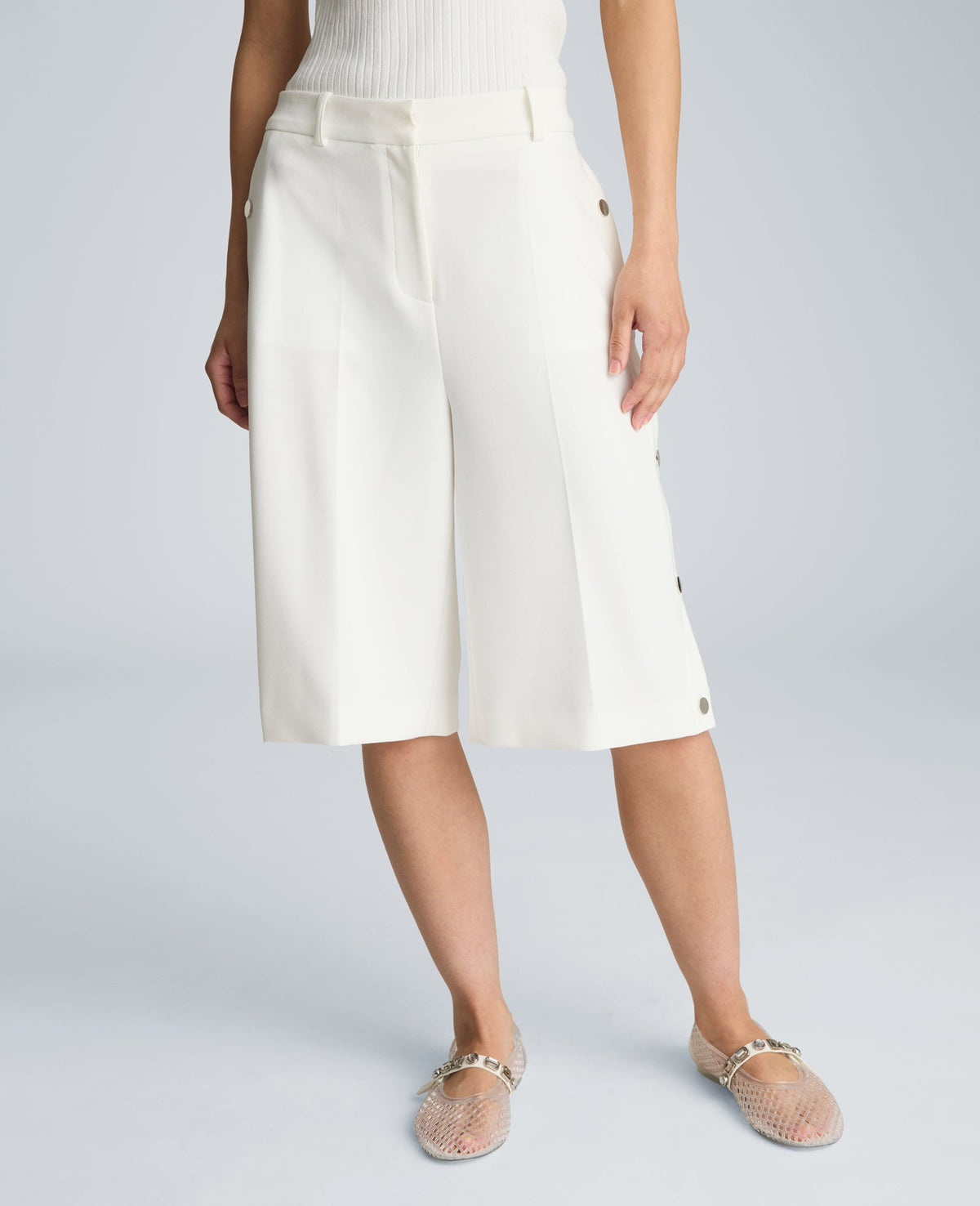 Kenneth Cole High Rise Fly Front Long Short with Rivet Side Snap