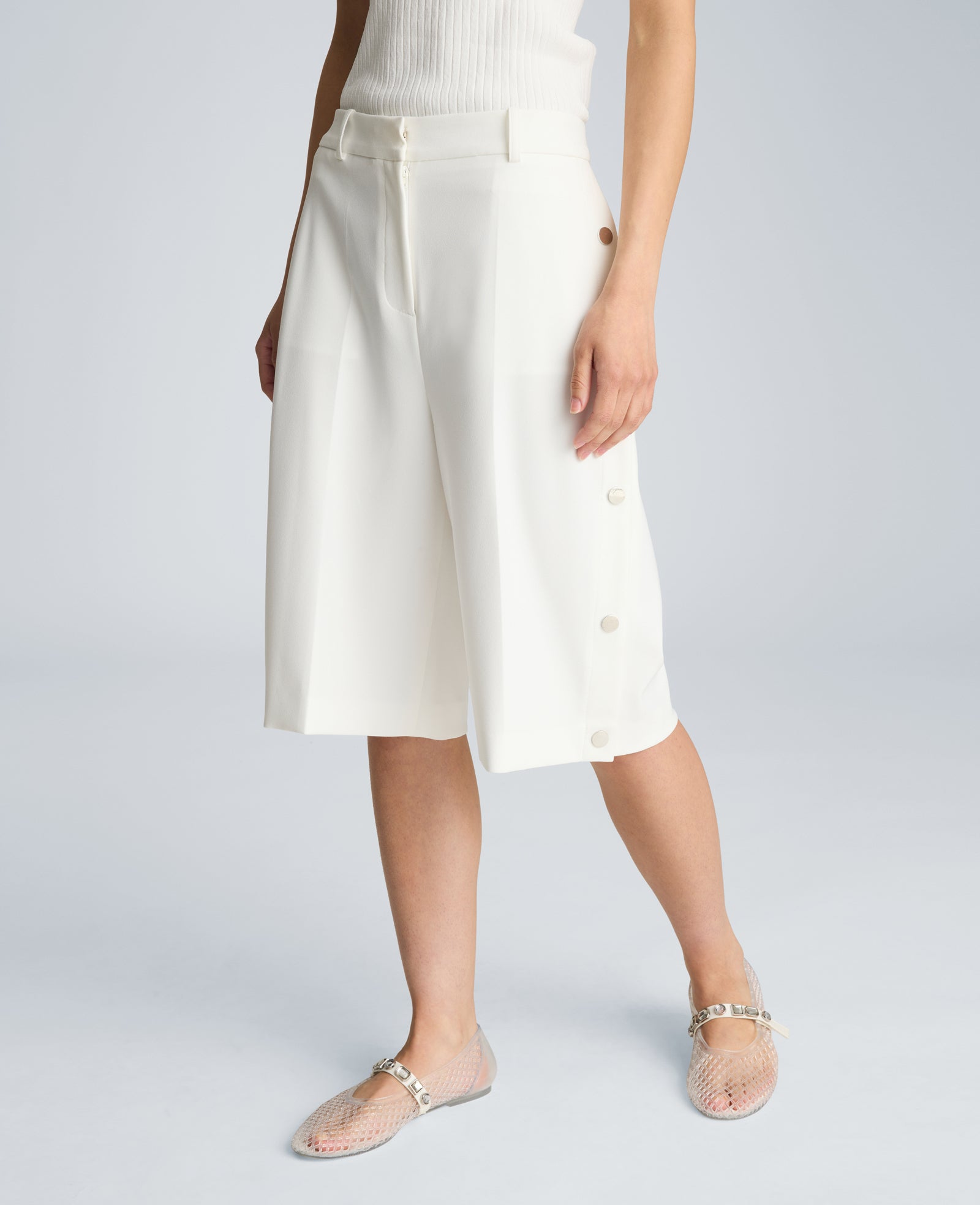 Kenneth Cole High Rise Fly Front Long Short with Rivet Side Snap