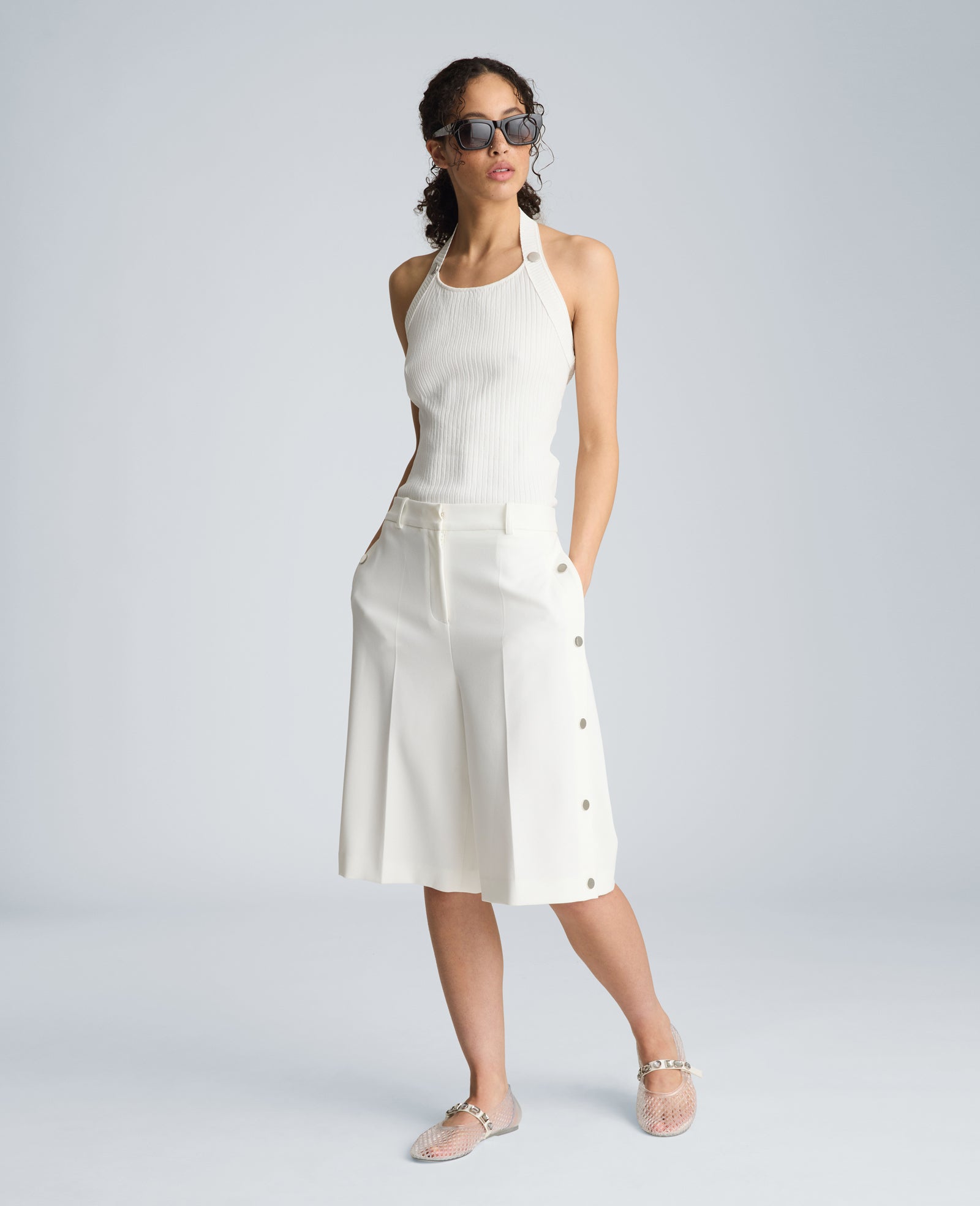Kenneth Cole High Rise Fly Front Long Short with Rivet Side Snap