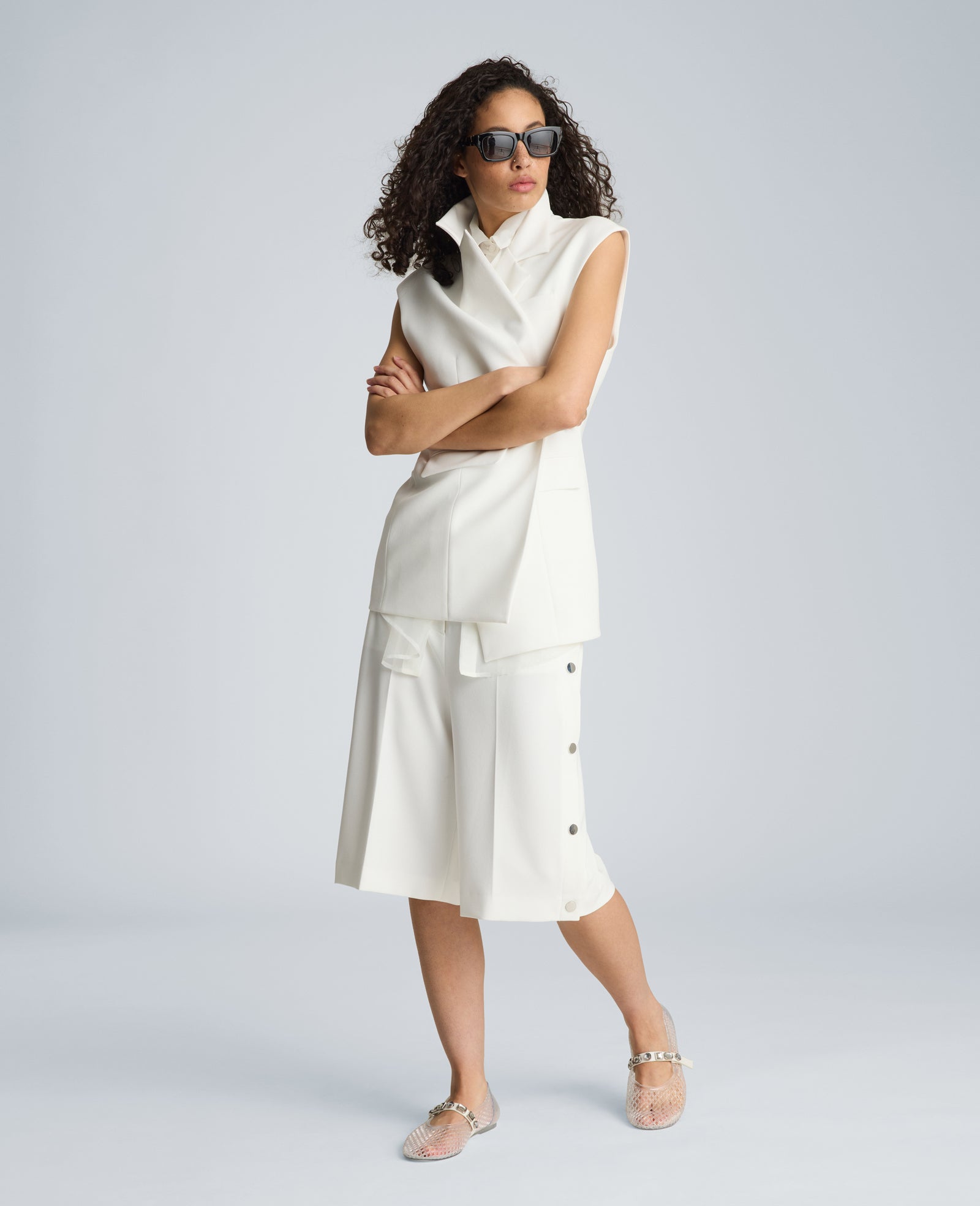 Kenneth Cole High Rise Fly Front Long Short with Rivet Side Snap