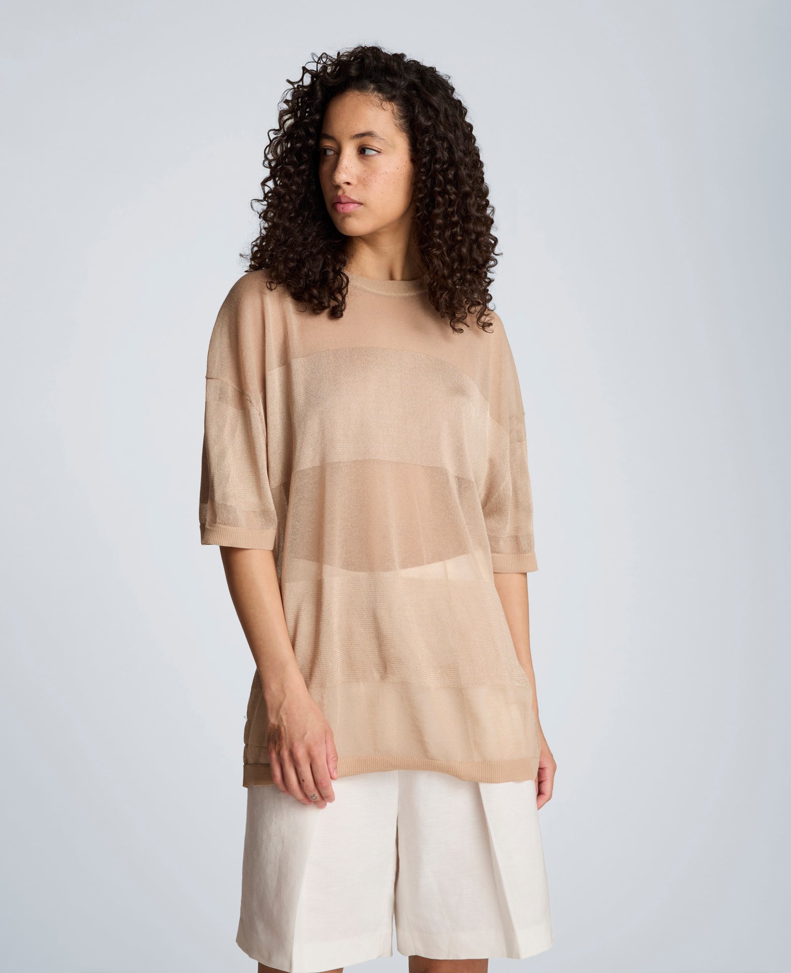Kenneth Cole Shiny Semi Sheer Stripe Crew Neck