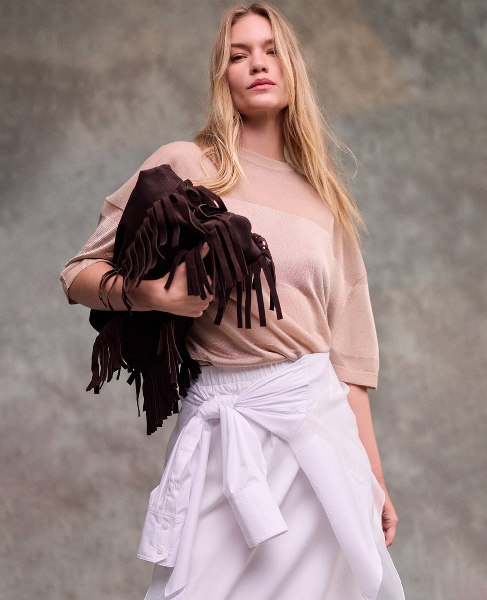 Kenneth Cole Shiny Semi Sheer Stripe Crew Neck