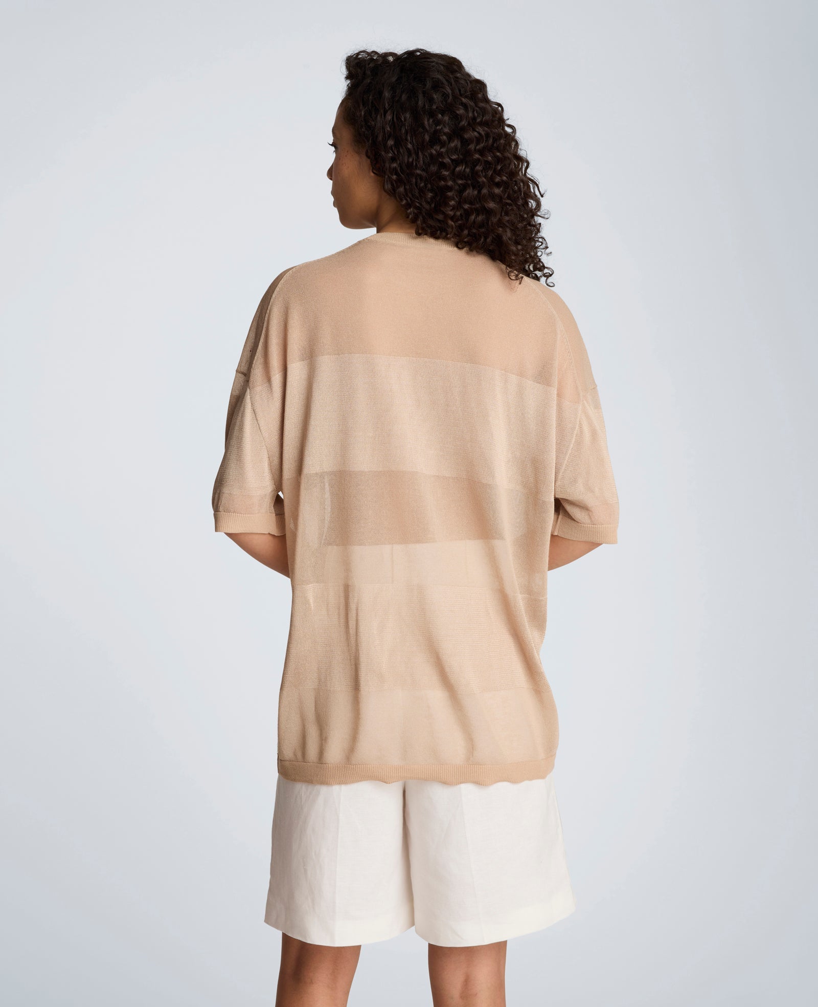 Kenneth Cole Shiny Semi Sheer Stripe Crew Neck