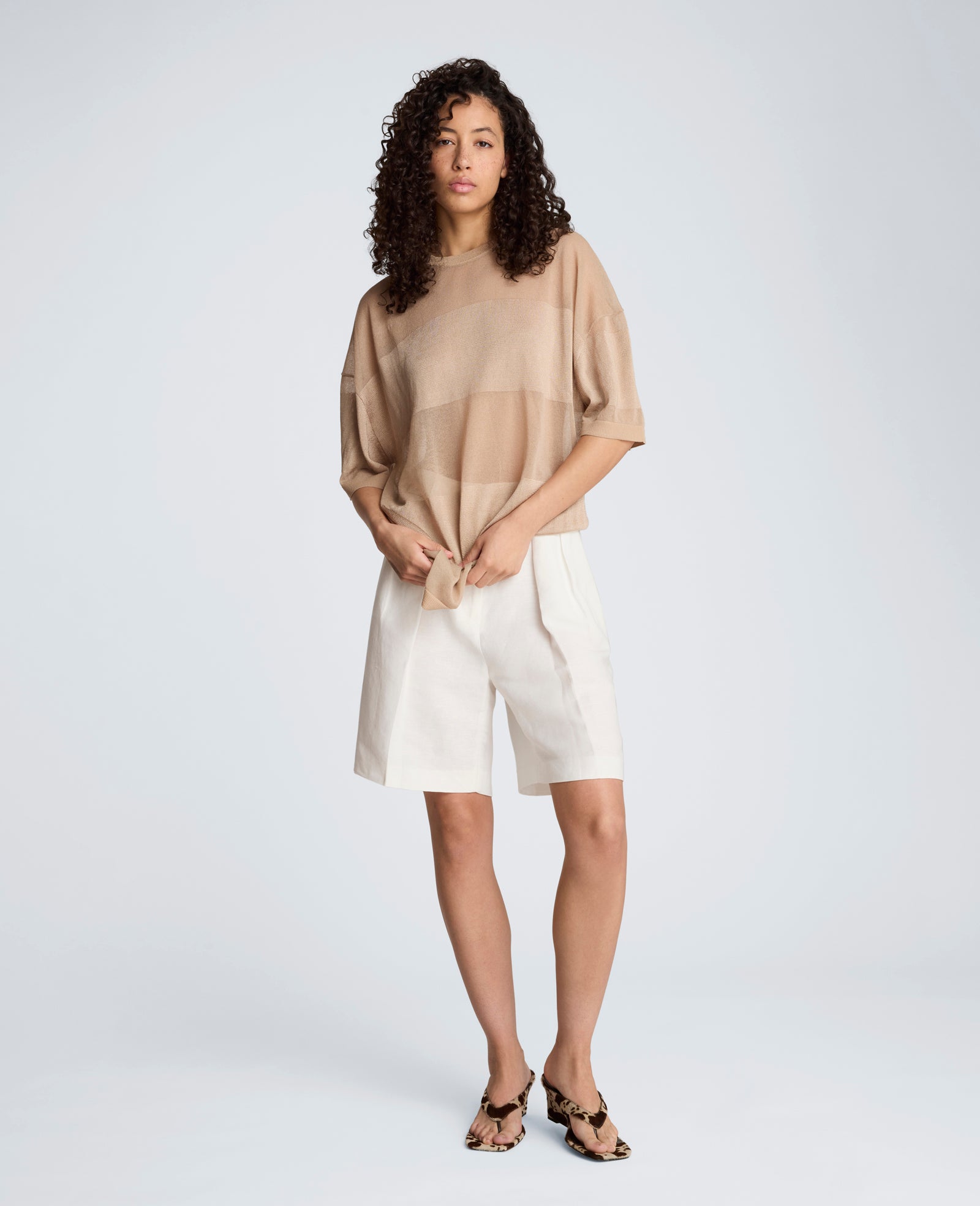Kenneth Cole Shiny Semi Sheer Stripe Crew Neck