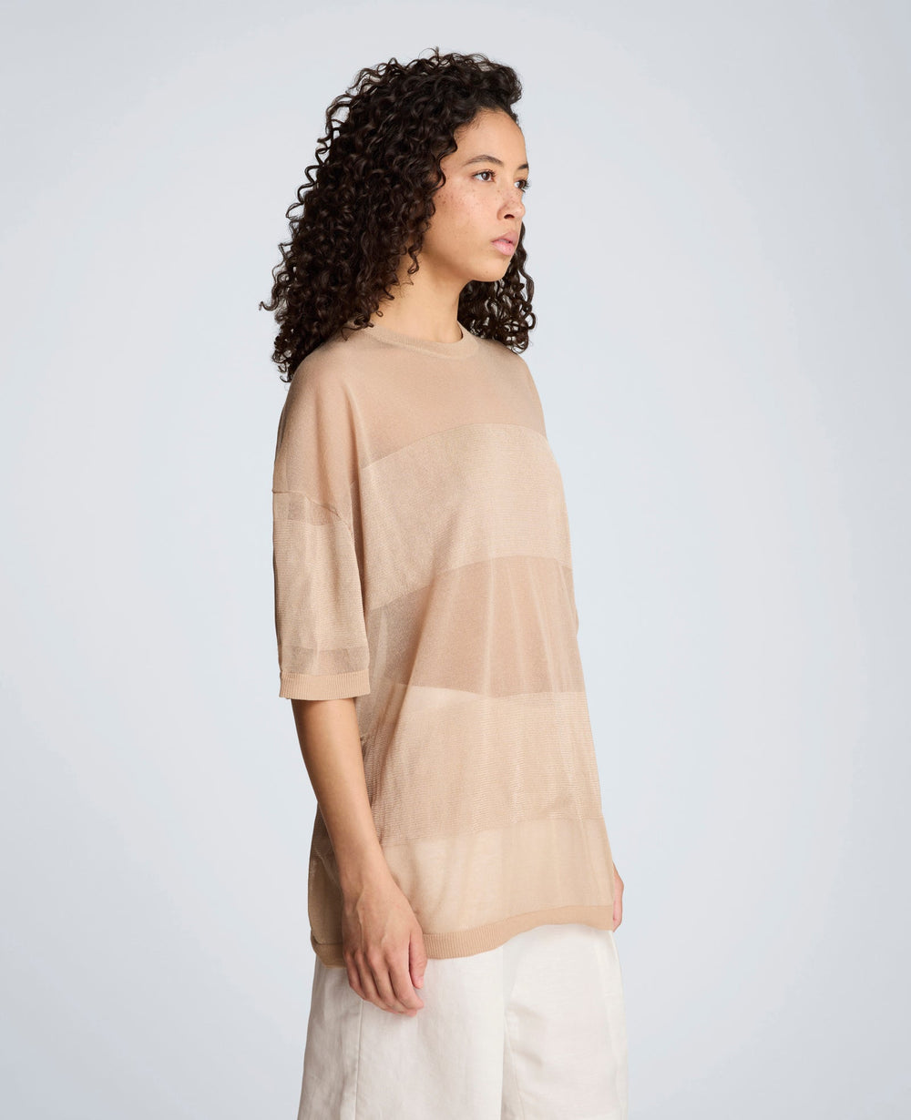 Kenneth Cole Shiny Semi Sheer Stripe Crew Neck