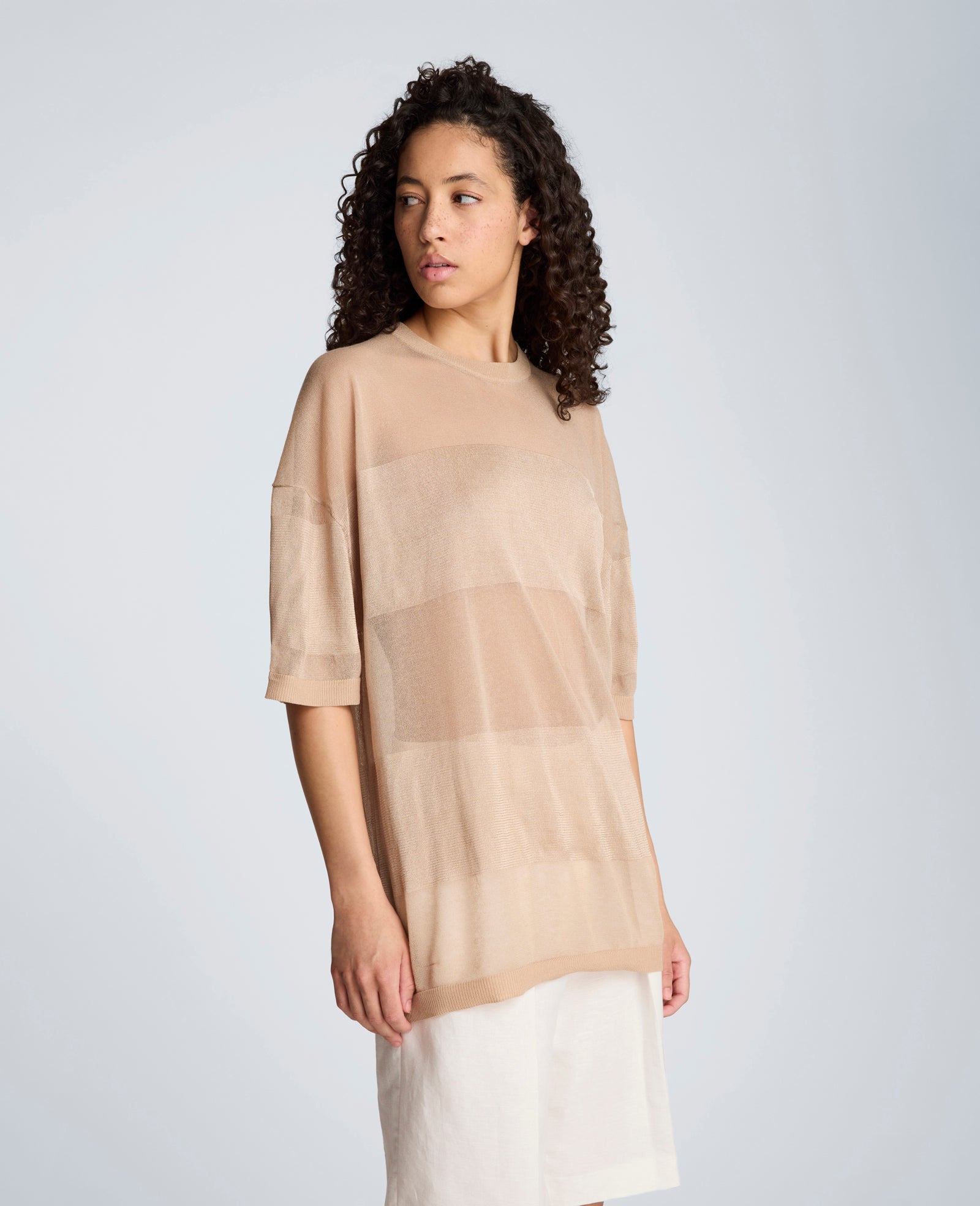 Kenneth Cole Shiny Semi Sheer Stripe Crew Neck
