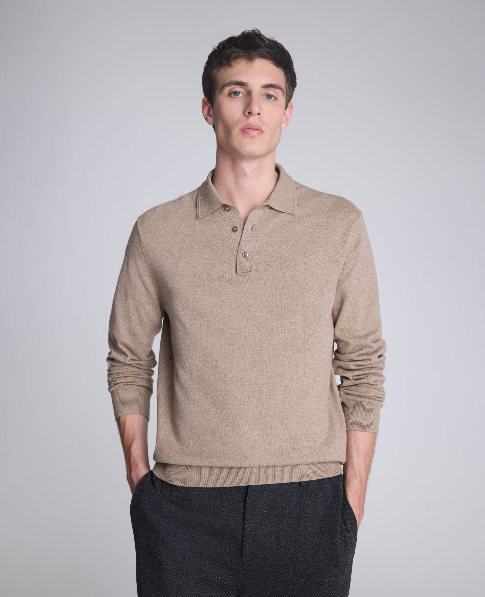 Kenneth Cole Men's Long Sleeve Button Sweater Polo, Light Brown Heather