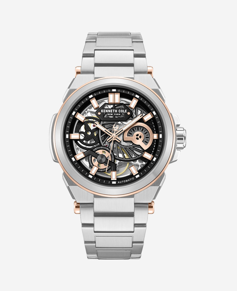 Kenneth Cole Kenneth Cole Skeleton Automatic Watch for Men – Silver/Rose