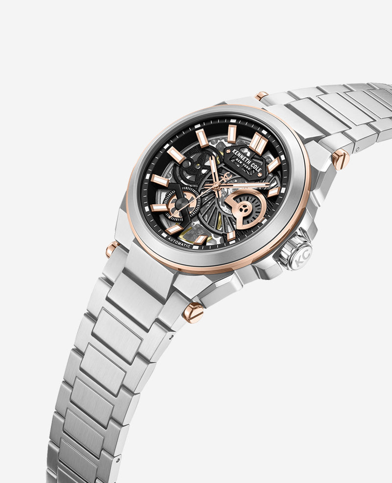 Kenneth Cole Kenneth Cole Skeleton Automatic Watch for Men – Silver/Rose