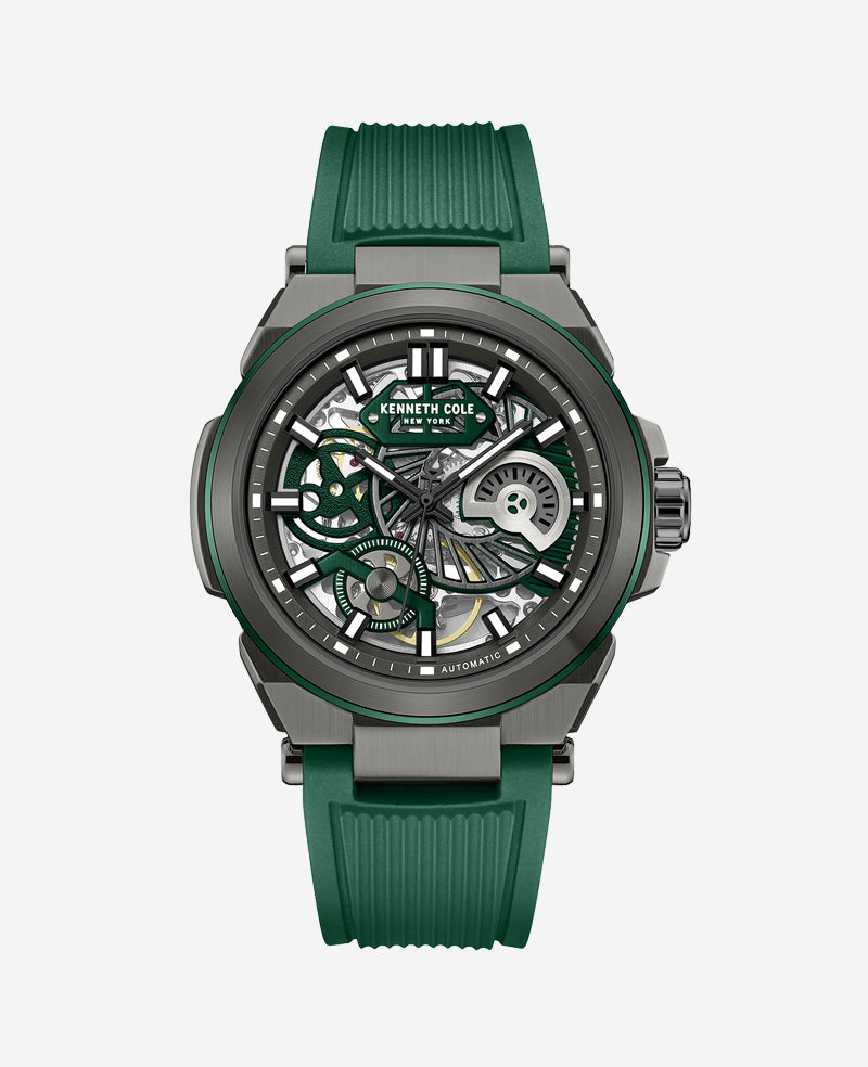 Kenneth Cole Shop Men’s Skeleton Automatic Silicone Watch in Green | KC
