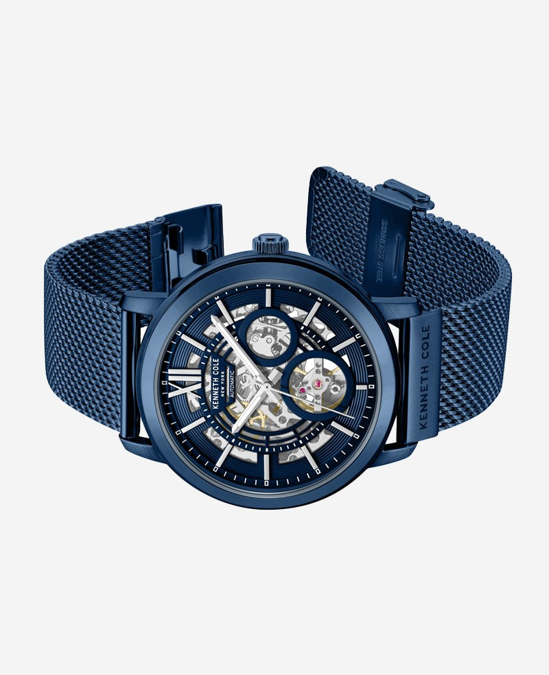 Kenneth Cole Skeleton Automatic Blue-IP Stainless Steel Mesh Strap Watch