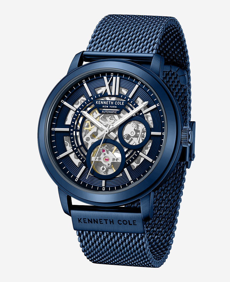 Kenneth Cole Skeleton Automatic Blue-IP Stainless Steel Mesh Strap Watch