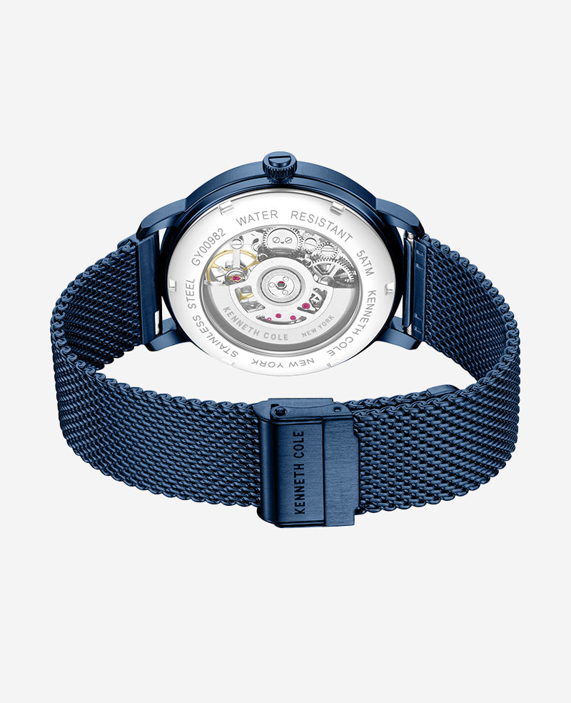 Kenneth Cole Skeleton Automatic Blue-IP Stainless Steel Mesh Strap Watch
