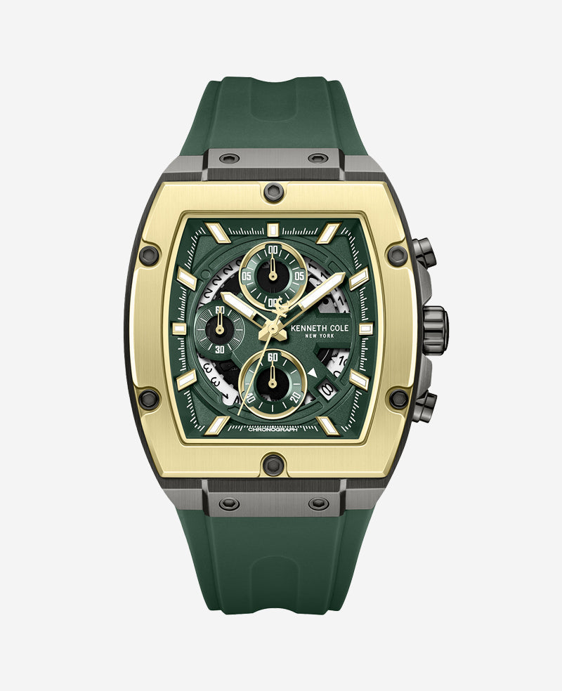 Kenneth Cole Men’s Chronograph Sport Silicone Watch – Green/Gold | KC
