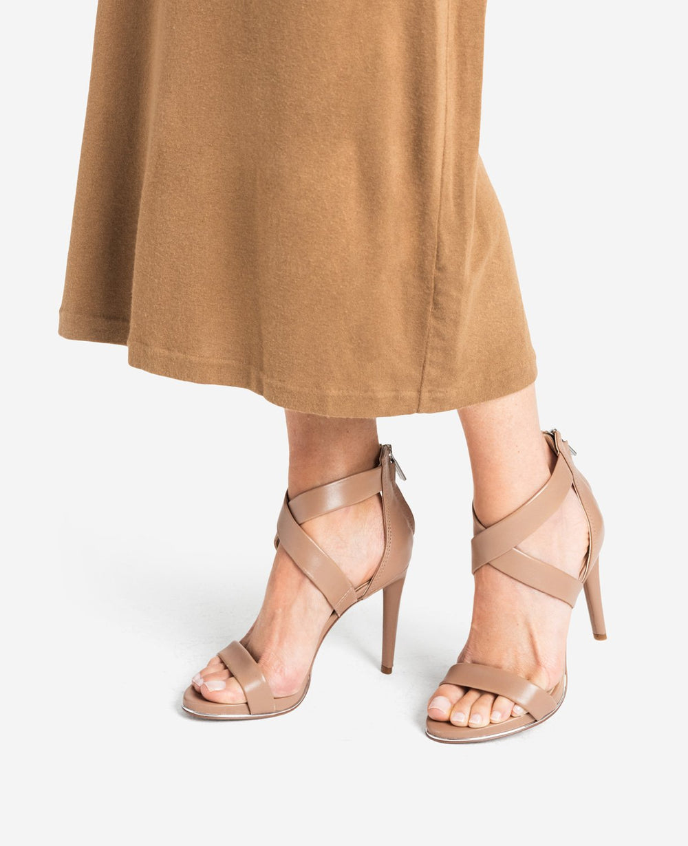 Kenneth Cole Brooke Cross Strap Heeled Sandal – Latte Leather | KC