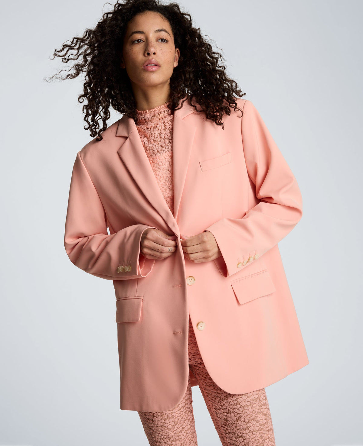 Kenneth Cole Vision Twill Three Button Boyfriend Jacket with Flap Pockets