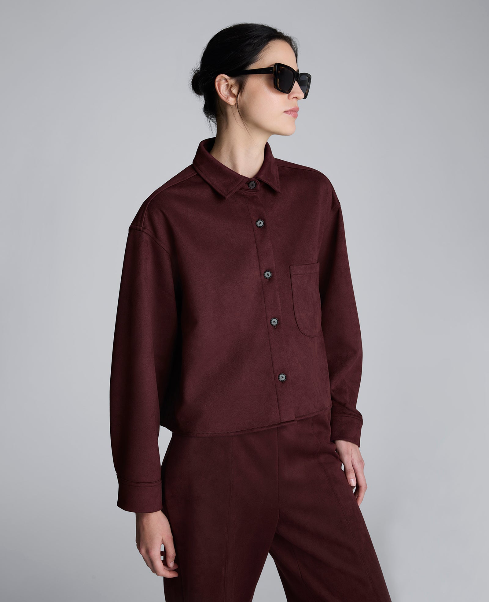 Kenneth Cole Faux Suede Button Front Cropped Knit Shirt