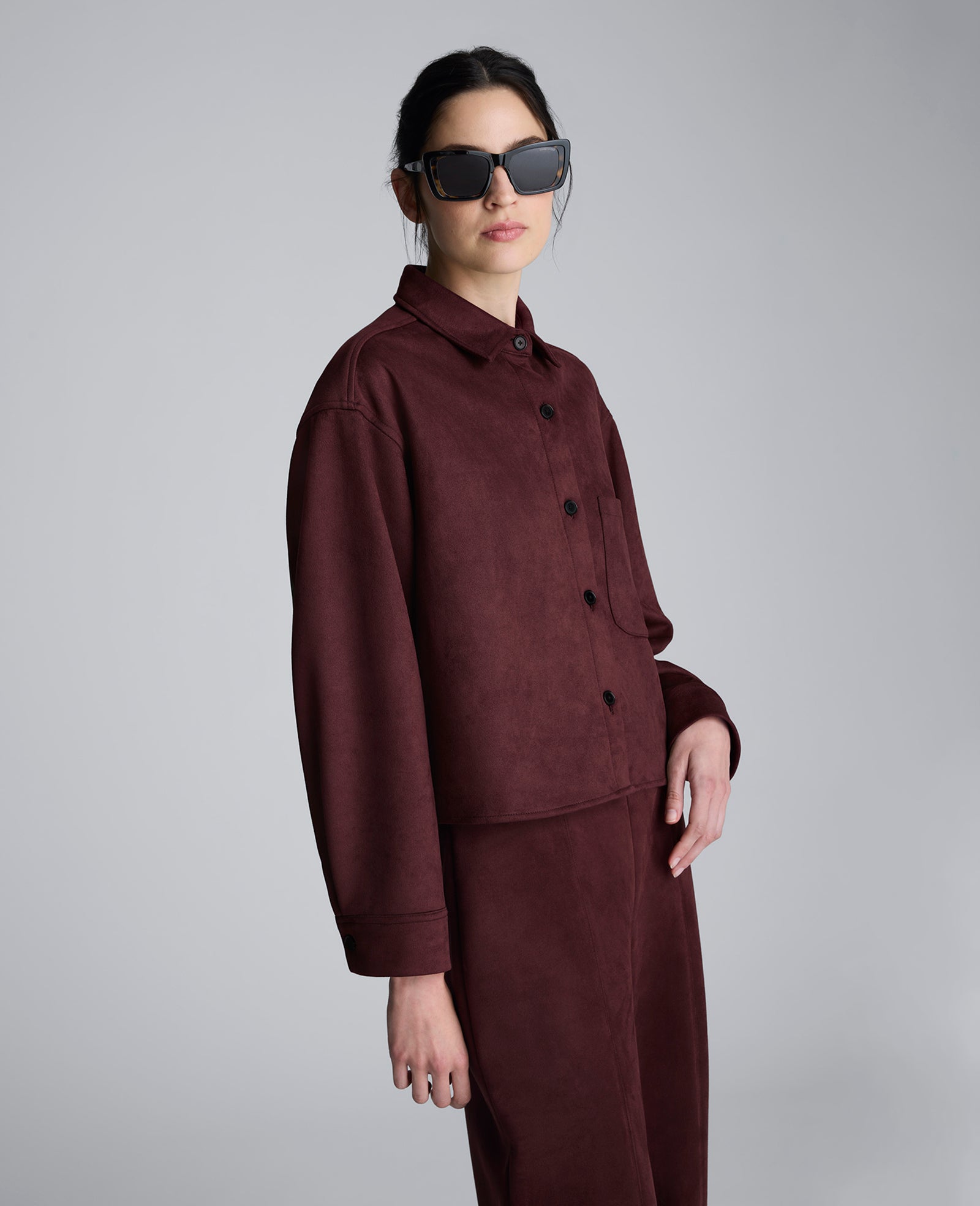 Kenneth Cole Faux Suede Button Front Cropped Knit Shirt
