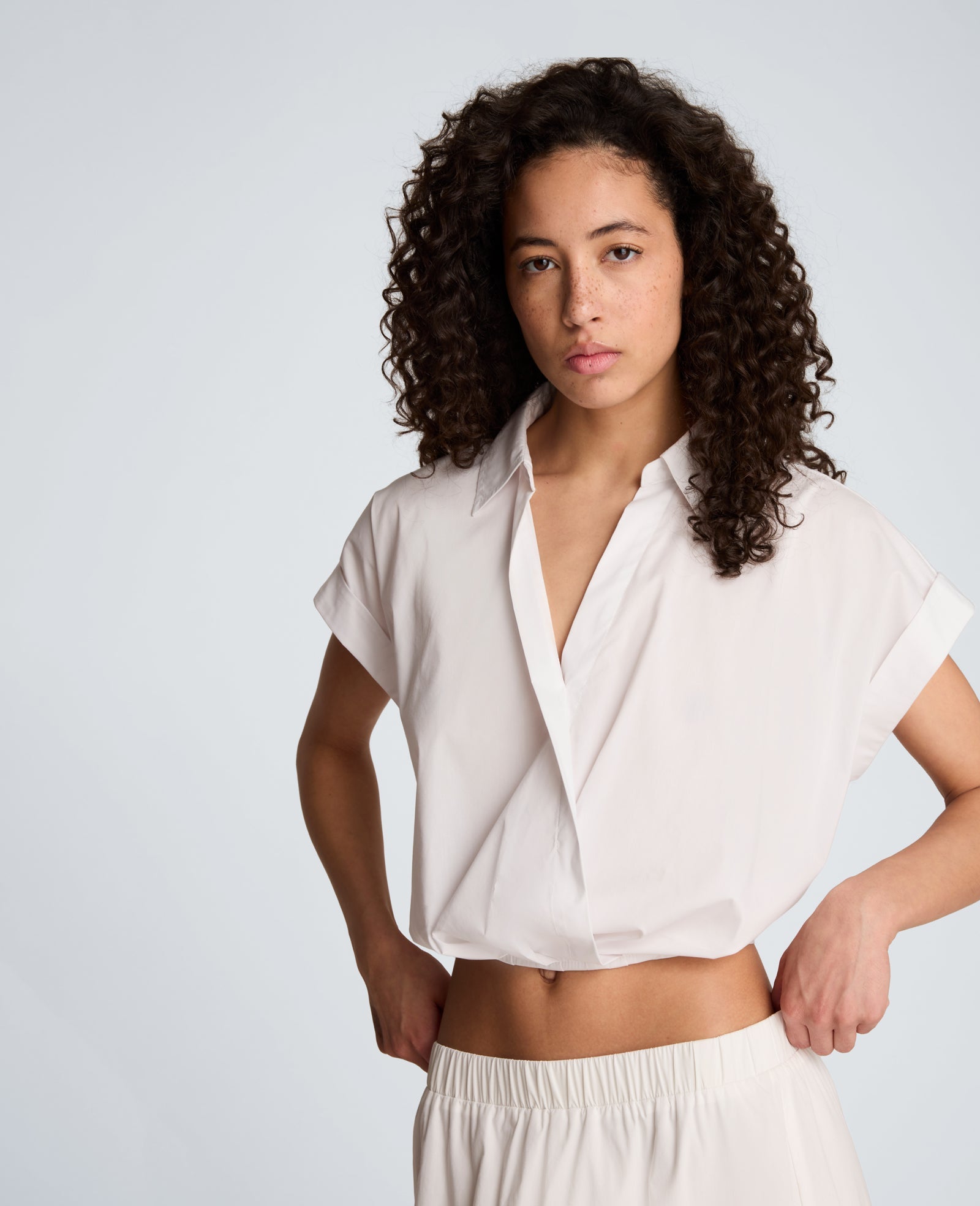 Kenneth Cole Pleat Crossover Front Cropped Shirt