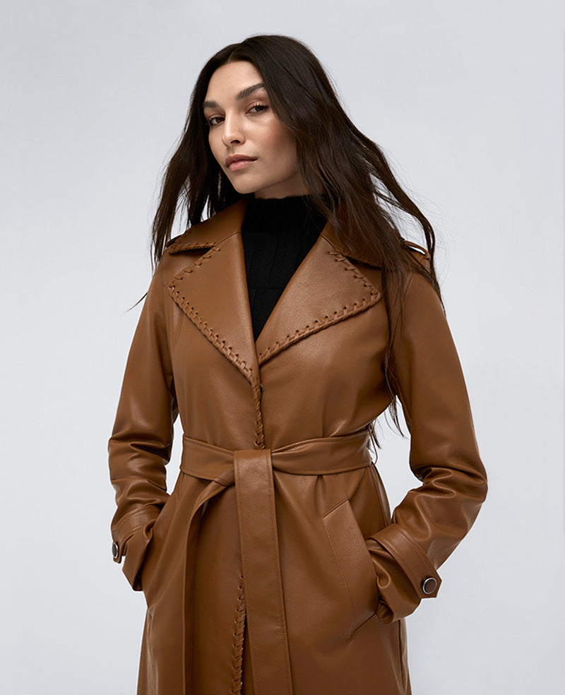 Kenneth Cole Faux Leather Belted Trench Coat – Cognac | Kenneth Cole