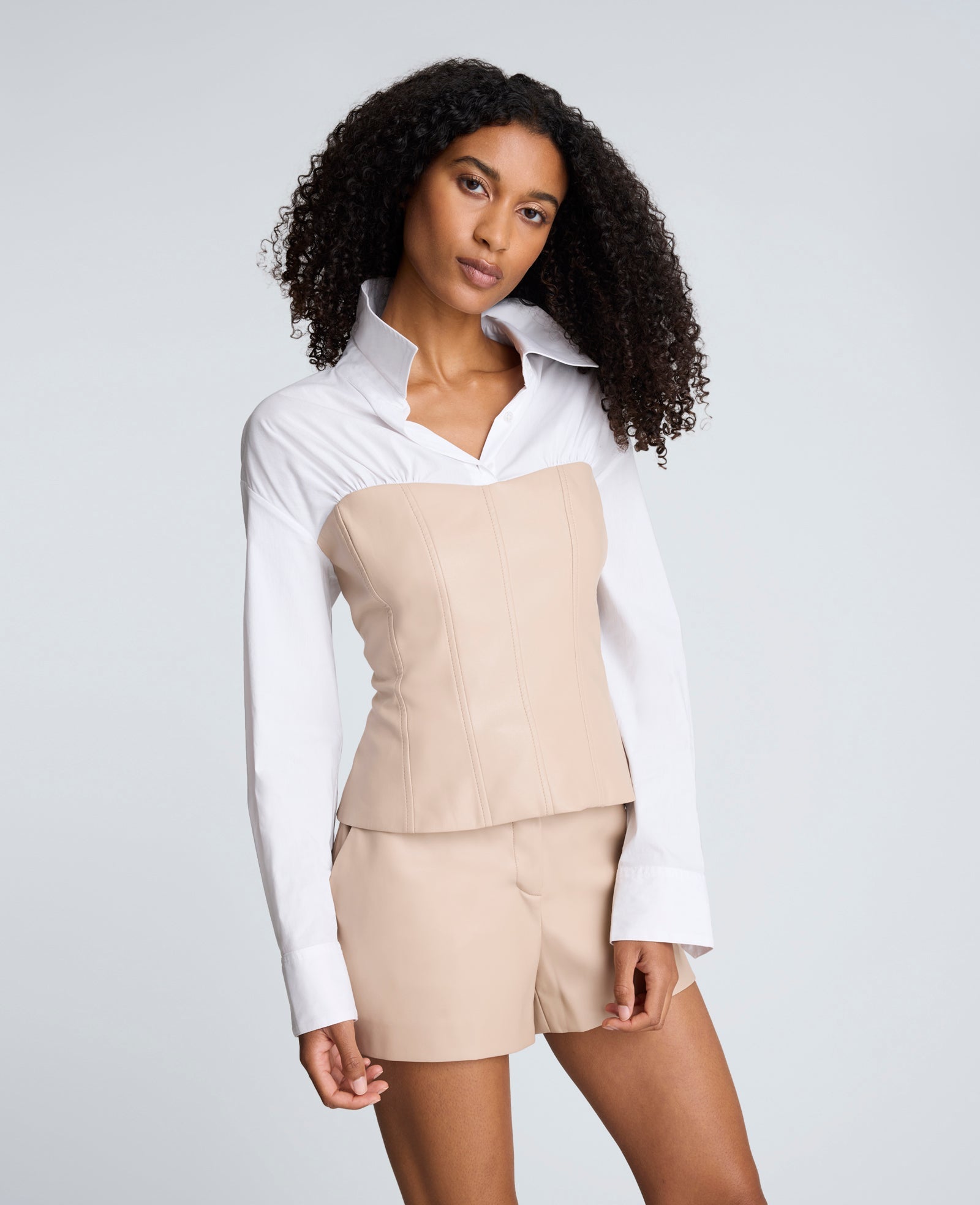 Kenneth Cole Poplin Y-Neck Top Vegan Leather Bustier | Kenneth Cole