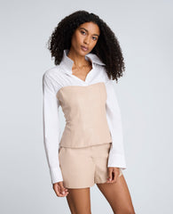 Kenneth Cole Poplin Y-Neck Top Vegan Leather Bustier | Kenneth Cole