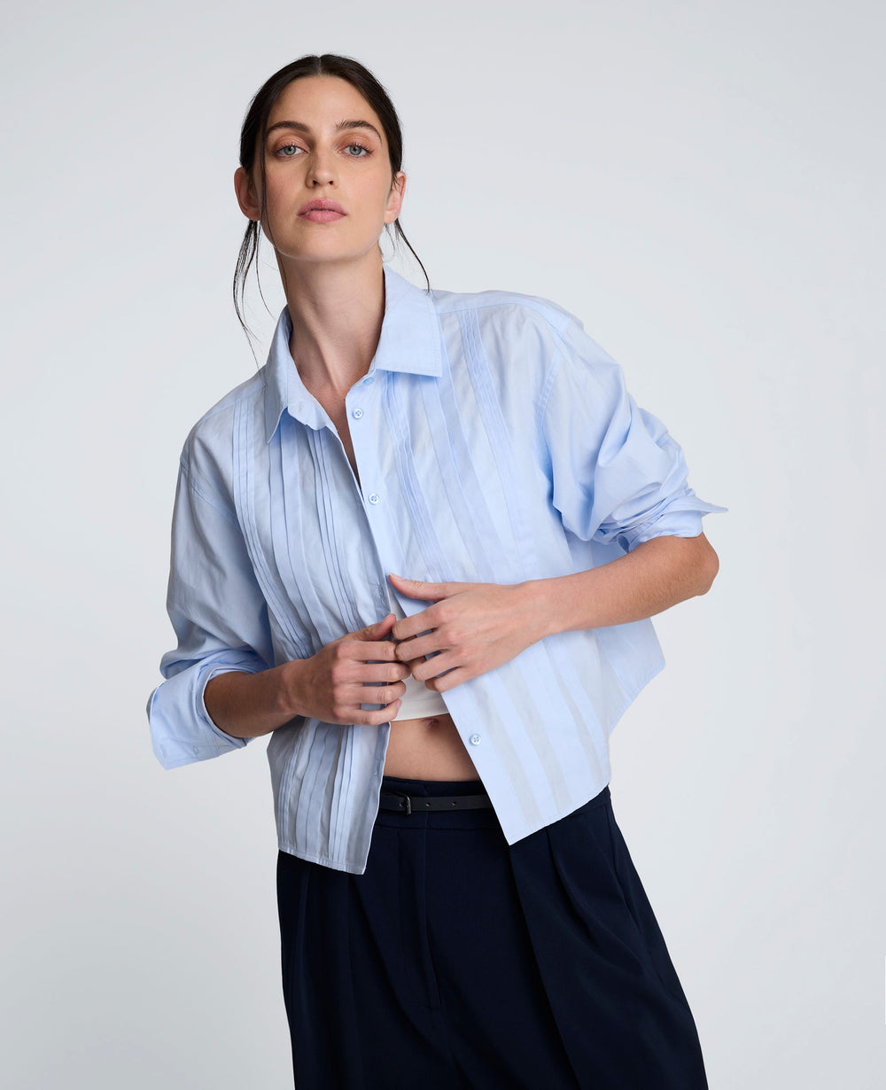 Kenneth Cole Cropped Tuxedo Style Long Sleeve Button Down Blouse