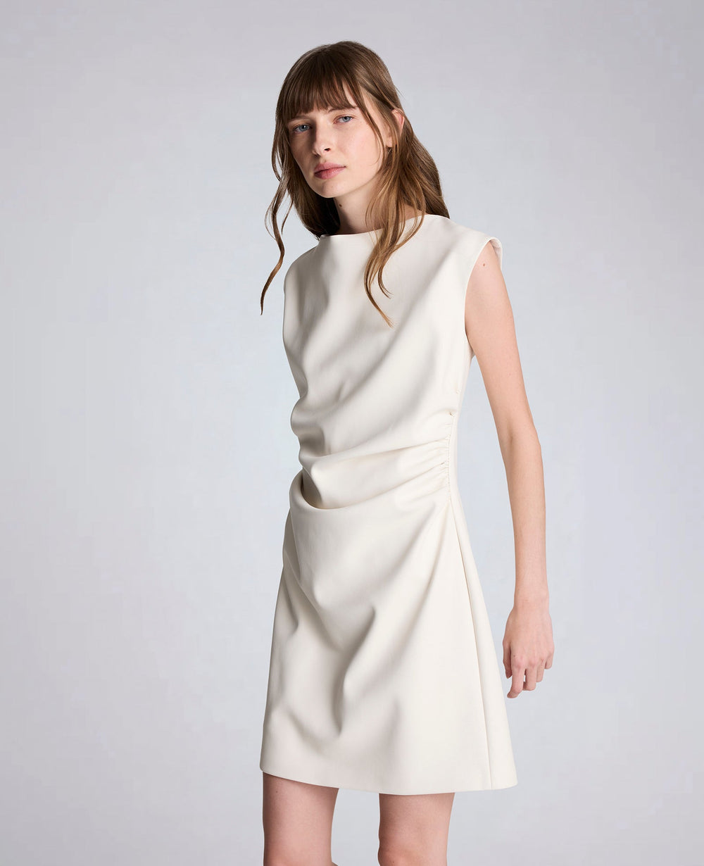 Kenneth Cole Vegan Leather Boatneck Rouched Waist Short Dress