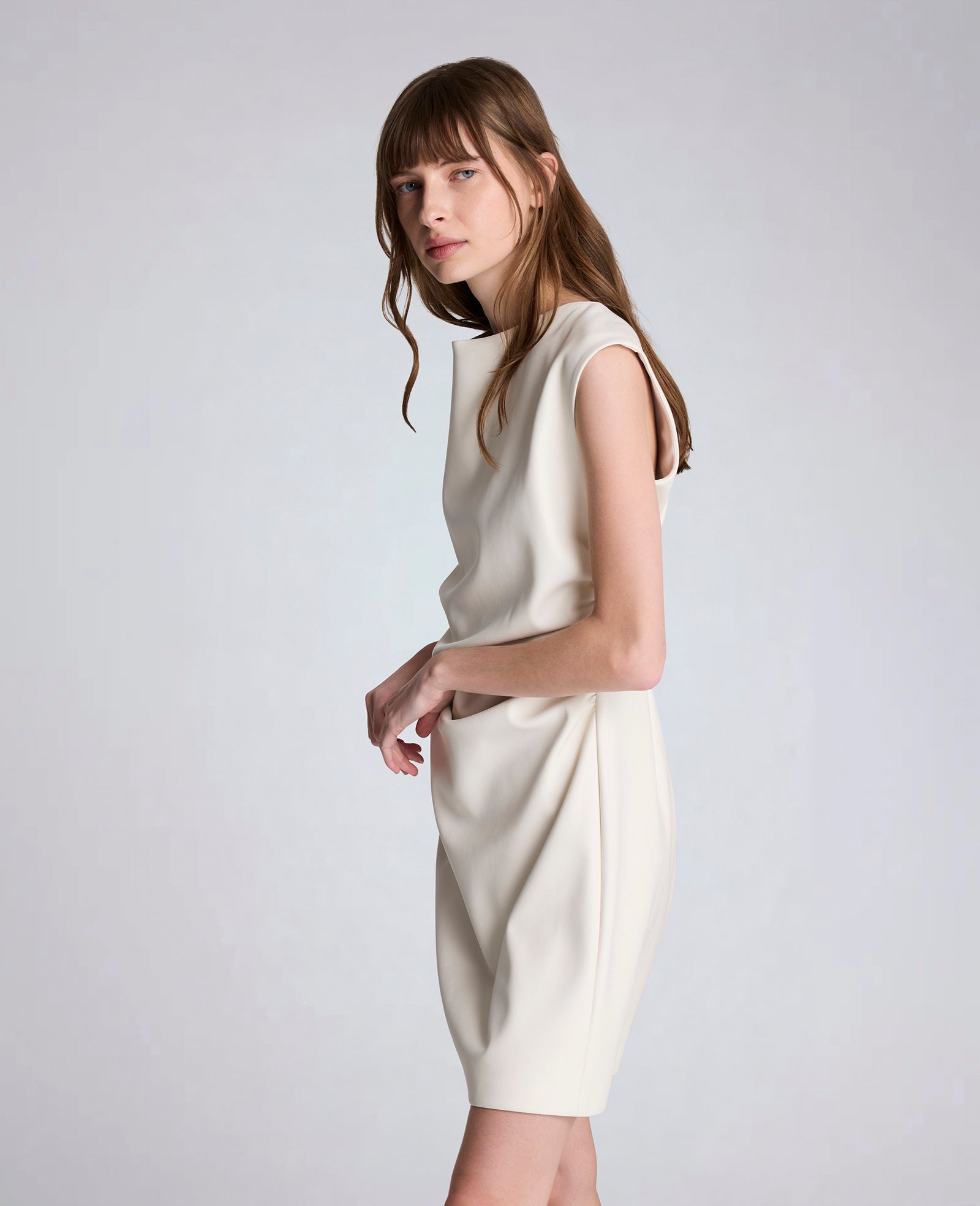 Kenneth Cole Vegan Leather Boatneck Rouched Waist Short Dress
