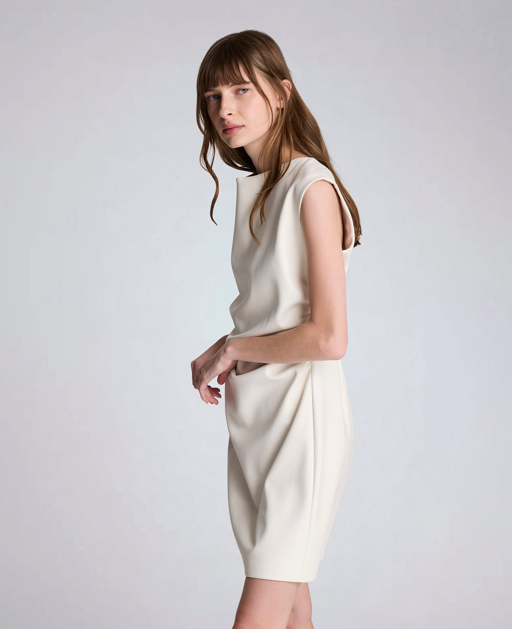 Kenneth Cole Vegan Leather Boatneck Rouched Waist Short Dress