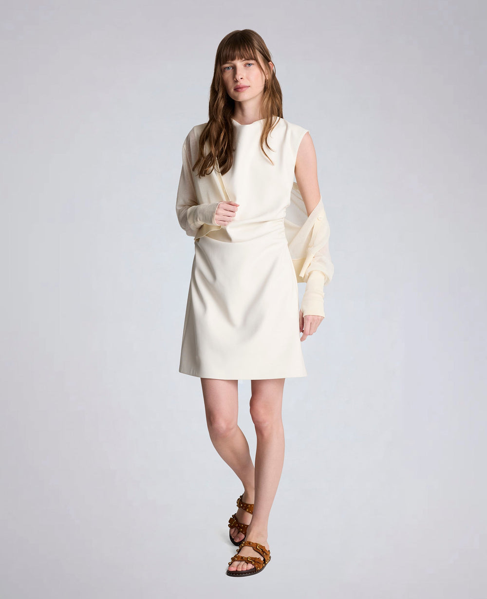Kenneth Cole Vegan Leather Boatneck Rouched Waist Short Dress