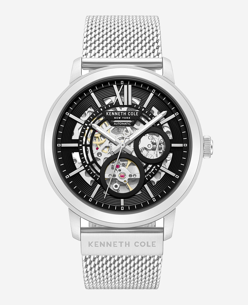 Kenneth Cole Skeleton Automatic Black Dial Stainless Steel Mesh Strap Watch