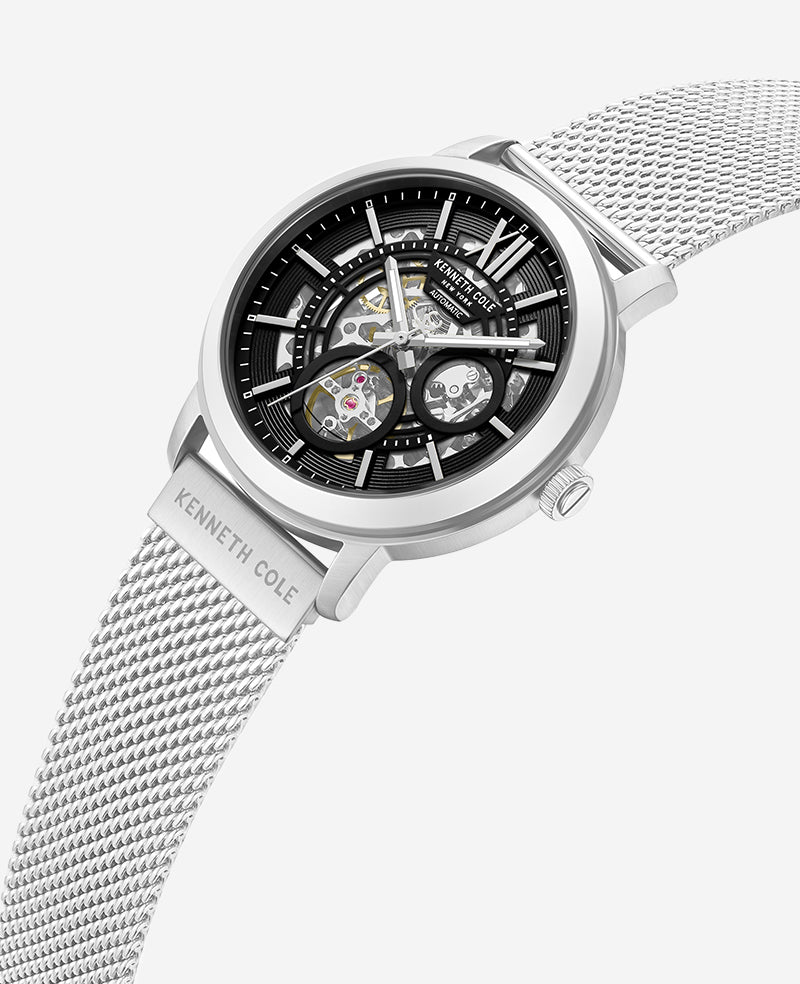 Kenneth Cole Skeleton Automatic Black Dial Stainless Steel Mesh Strap Watch