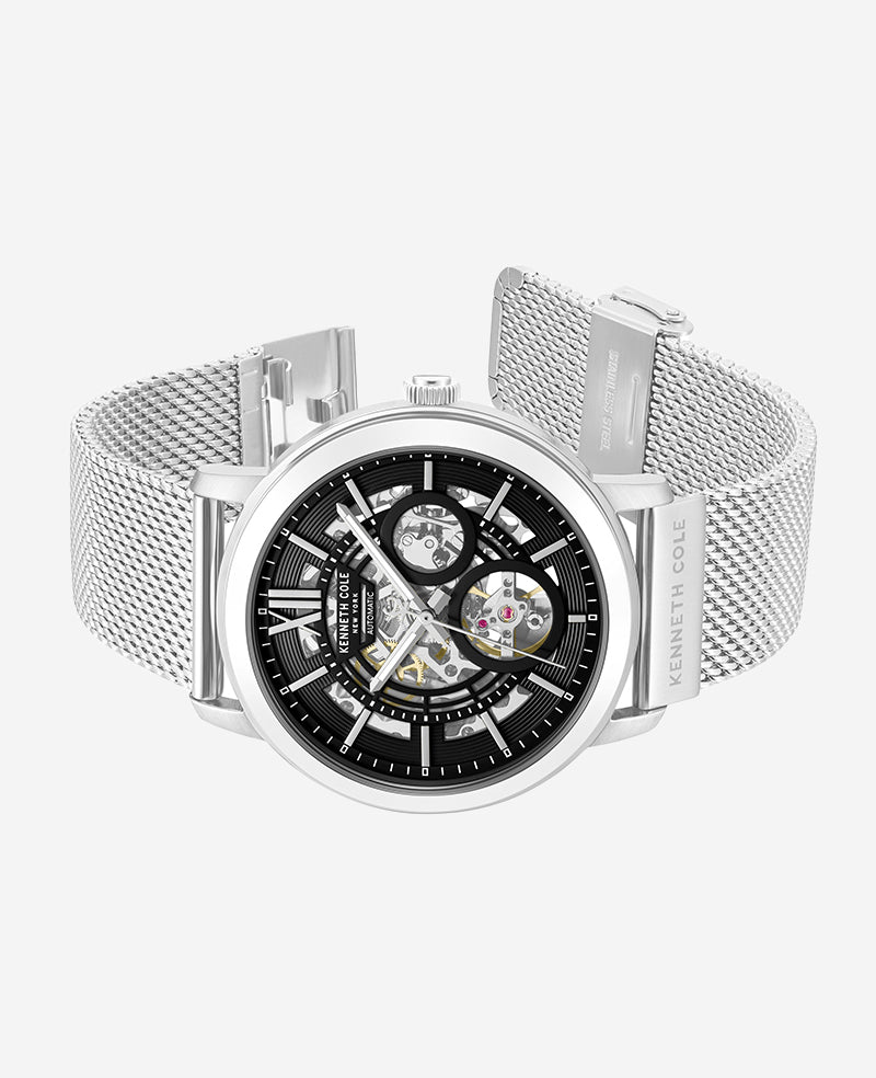 Kenneth Cole Skeleton Automatic Black Dial Stainless Steel Mesh Strap Watch