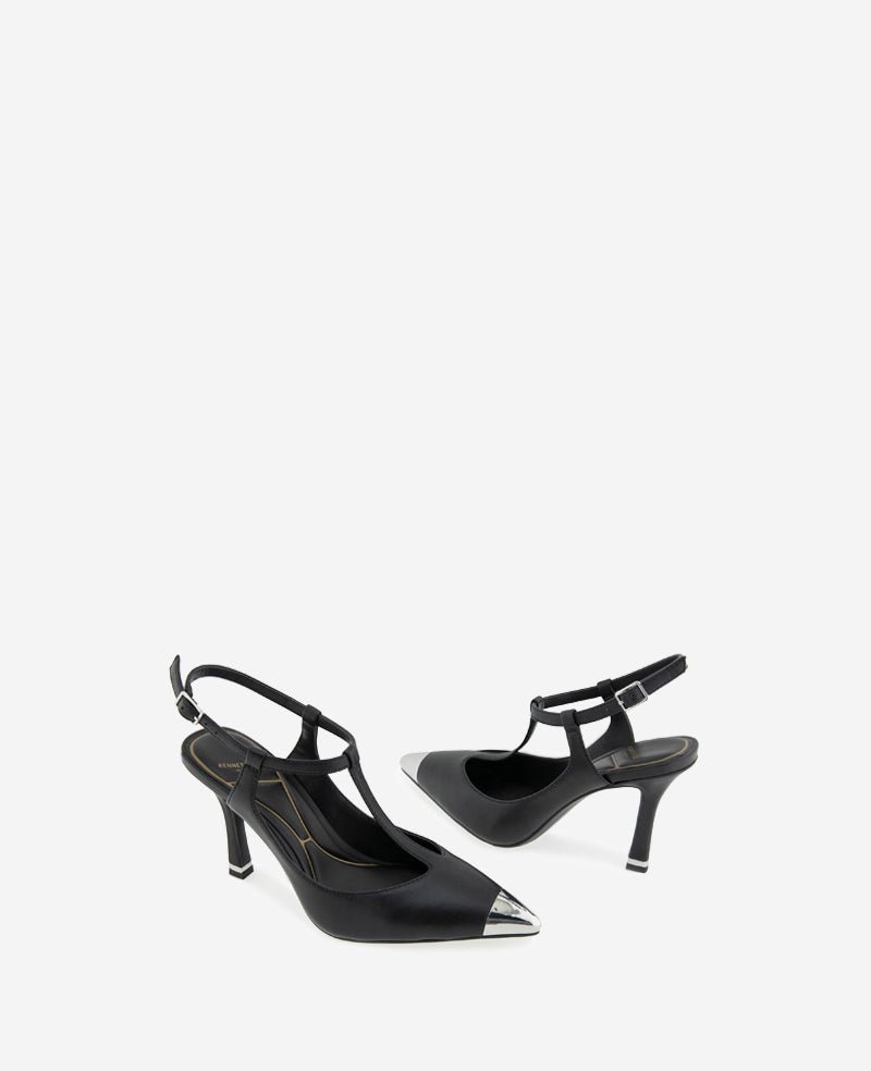 Kenneth Cole Romi T-Strap Heels – Silver Cap & Leather Style | KC